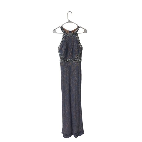 City Studio Maxi Length Blue Floral Lace Sleeveless Formal Dress Prom Wedding - Picture 1 of 5